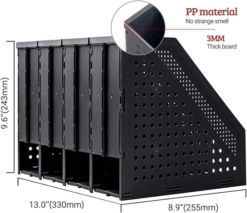 SAYEEC Collapsible Magazine Holder Plastic Desktop 4 Compartment File Rack Magazine Organizer Vertical File Divider Sorter Storage Document Organizer for Office Home School Black - Image 2
